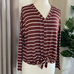 Brick and white striped high-Lowe button front top.